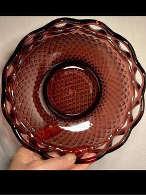 Vintage Imperial Glass Amethyst Lace Edge Bowl Diamond Pattern Burgundy Glass